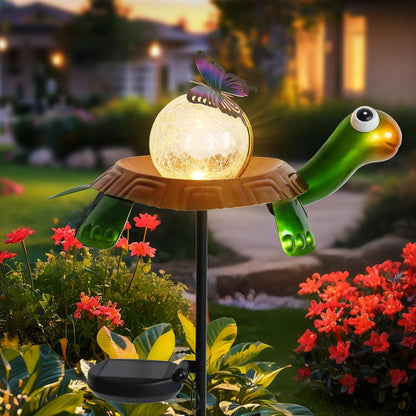 Afirst Solar Lights Outdoor Decorative Metal Turtle Crackle Glass Globe with Butterfly Warm White LED Metal Waterproof Garden Stake Lights for Walkway Pathway Lawn Patio Yard Decorations