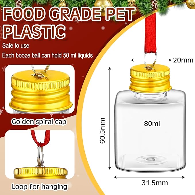 Patelai 18 Pcs Christmas Drink Balls Clear Shot Glass Ornaments Xmas Tree Fillable Ornaments Plastic Xmas Water Bottle Bulbs for Holiday Party Decorations(Square,50 ml)