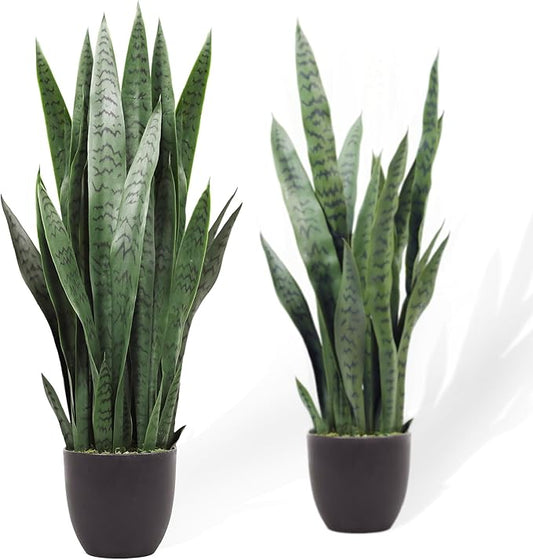 KOL 3FT 2-Pack Artificial Snake Plant, Fake Sansevieria Indoor Outdoor, 28 Thick PE Leaves Lifelike Faux Silk Plants, Home Living Room Decor 35in Mother in Law Tongue, Greenery for Office Decor, Green