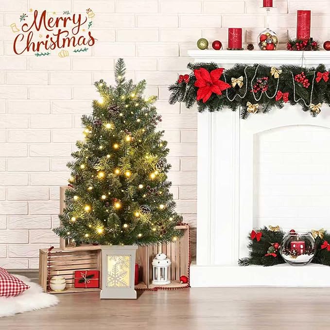 3 Ft Pre-Lit Christmas Tree, Artificial Christmas Tree with 78 Led Lights,8-Mode Battery Box,Timer Battery,Red Berry,Christmas Decoration for Home, Office,Fireside,Easy Installation