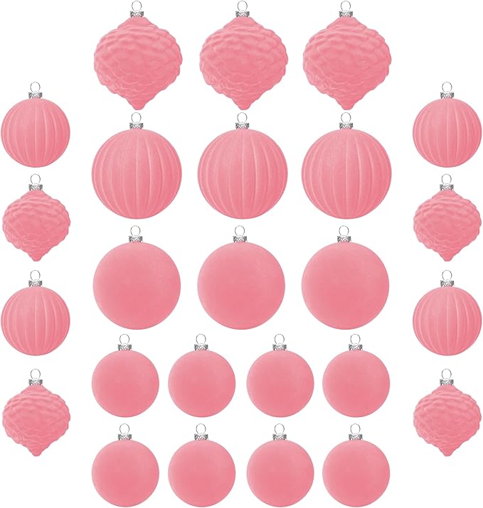KI Store Velvet Christmas Balls Rose Pink 25pcs Flocked Christmas Tree Ornaments Assortment for Xmas Tree Holiday Decor