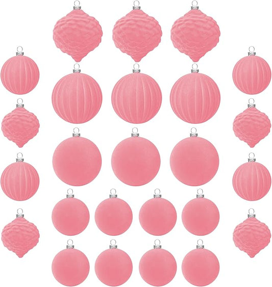 KI Store Velvet Christmas Balls Rose Pink 25pcs Flocked Christmas Tree Ornaments Assortment for Xmas Tree Holiday Decor