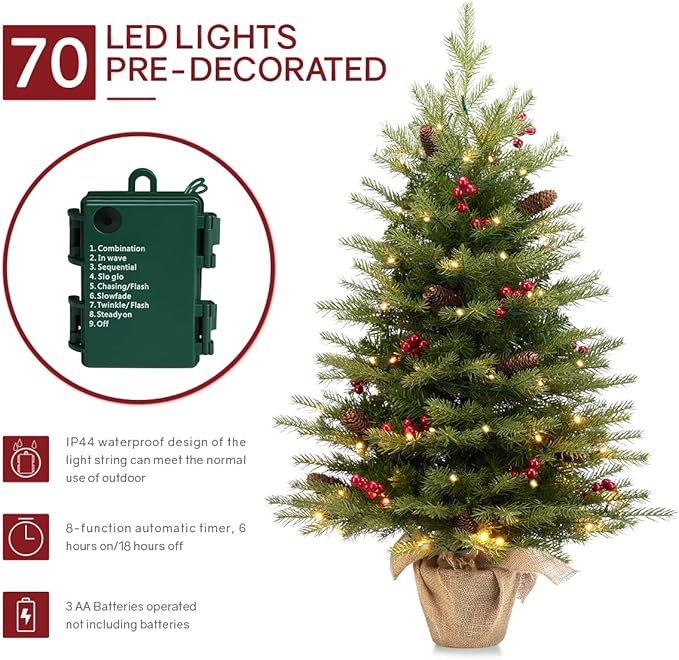 Somikis 3ft Pre-Lit Artificial Mini Christmas Tree with 70LED Lights and Realistic Nordic Spruce, Solid Cement Burlap Base Basin