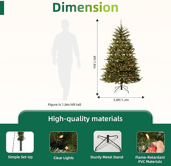 6FT Pre-Lit Artificial Christmas Tree with 500 White Lights, 1430 PVC Branch Tips,Green Dunhill Fir Xmas Tree, Foldable Metal Base for Home, Party Holiday Décor