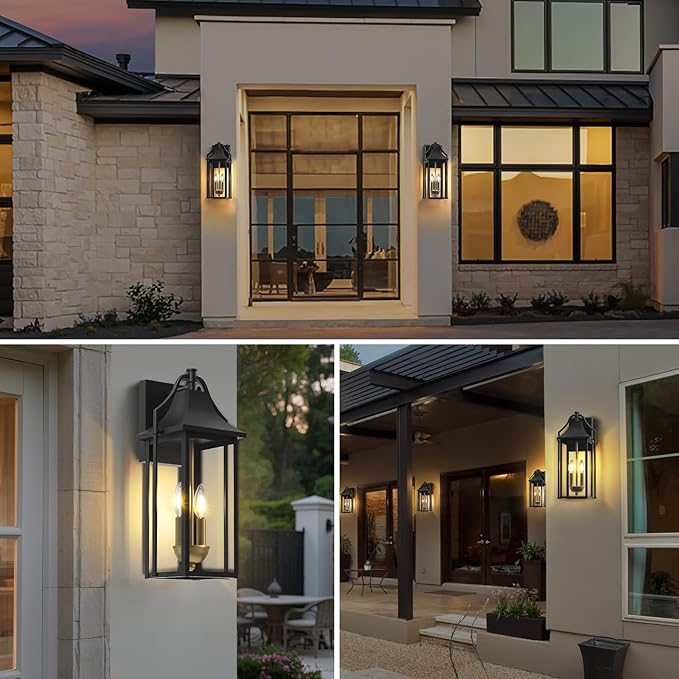 𝟏𝟖𝑰𝑵 Outdoor Wall Sconce Fixture, Dusk to Dawn Patio Lights Waterproof Exterior Lanterns, 2-Light Modern Wall Lights Mounted with Glass, Black Outside Light for House Front Door Decor