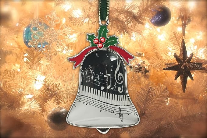 Christmas Ornament Bell Pendant Decorative Metal Glass Hanging Christmas Bell Ornaments for Home Decoration Party Decor A Piano Keys with Musical Notes