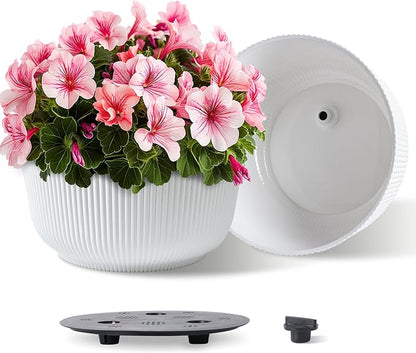 T4U 12 Inch Large Self Watering Plant Pots, Wide Self Watering Planter with Drainage Hole, Large Plant Pots Flower Pot for Plants, Set of 2, White