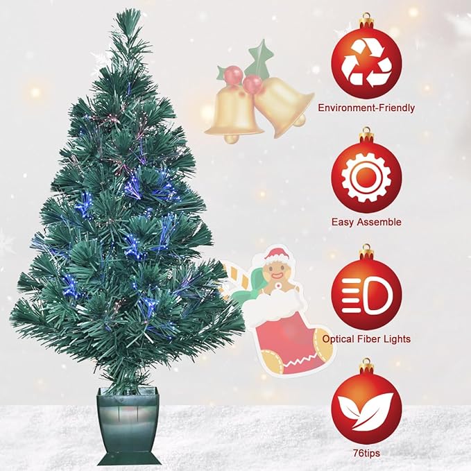 32inch Pre Lit Fiber Optic Christmas Trees,Small Christmas Tree with Lights,Mini Tabletop Christmas Tree,Starry Sky‌ Xmas Tree for Home,Office,Party Decoration,Indoor,Outdoor (Dark Green