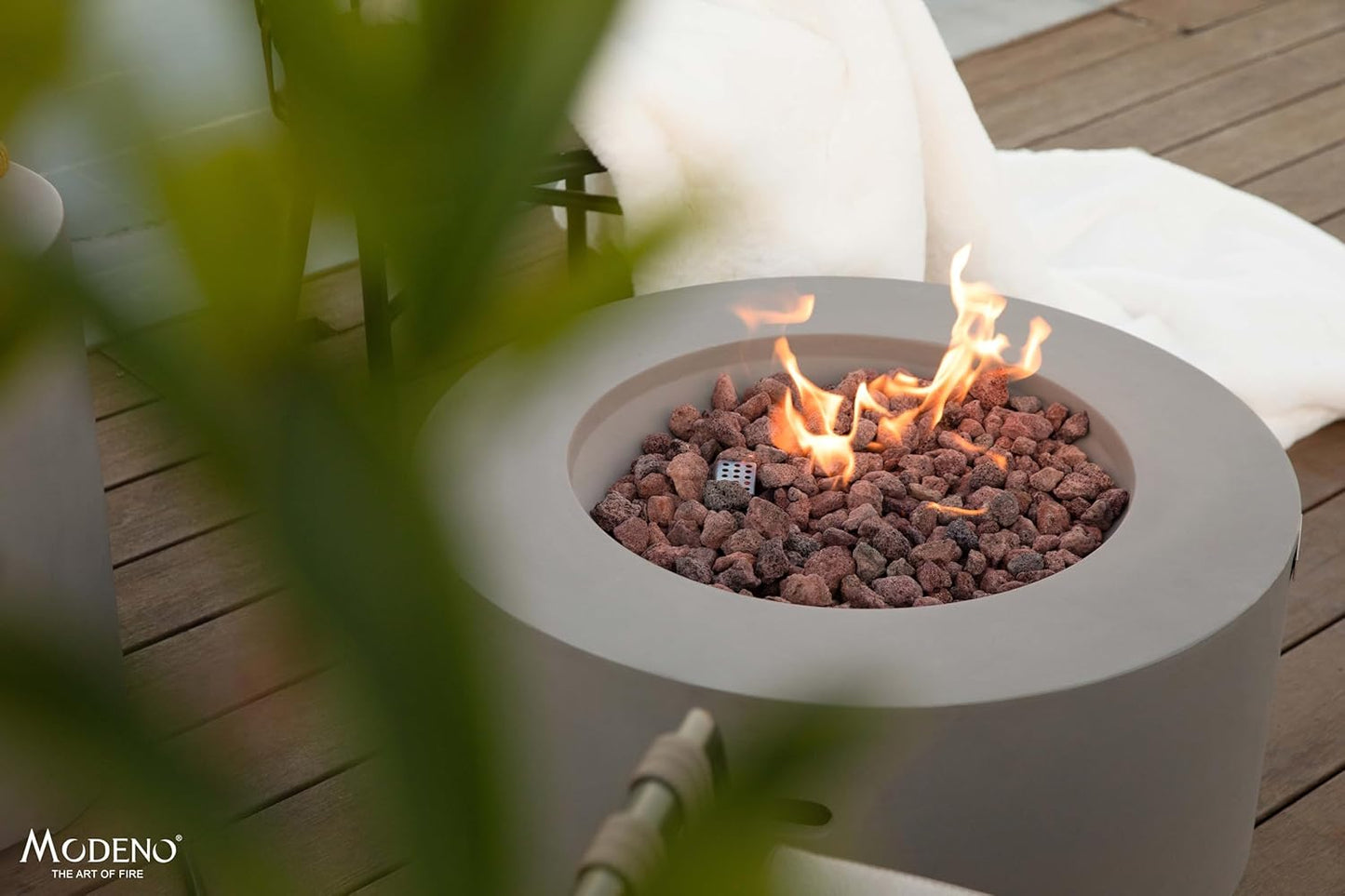 AMS Fireplace | Modeno Waterford Package | Light Gray Natural Gas Fire Pit Table for Outside Patio Bundle with Wind Guard, SS Burner Lid | Free Ice Bucket & Rubber Mat