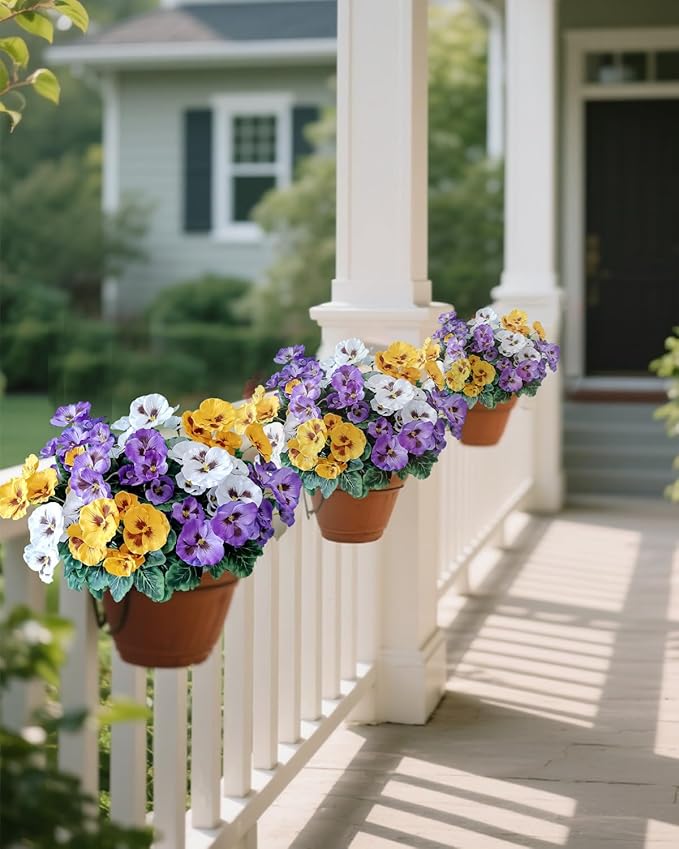 6 Bundles Outdoor Artificial Pansy Flowers - UV Resistant Silk Faux Pansies (Purple, Yellow, White) for Planter, Front Door, Porch, Yard, Patio, Window Box & Home Decor