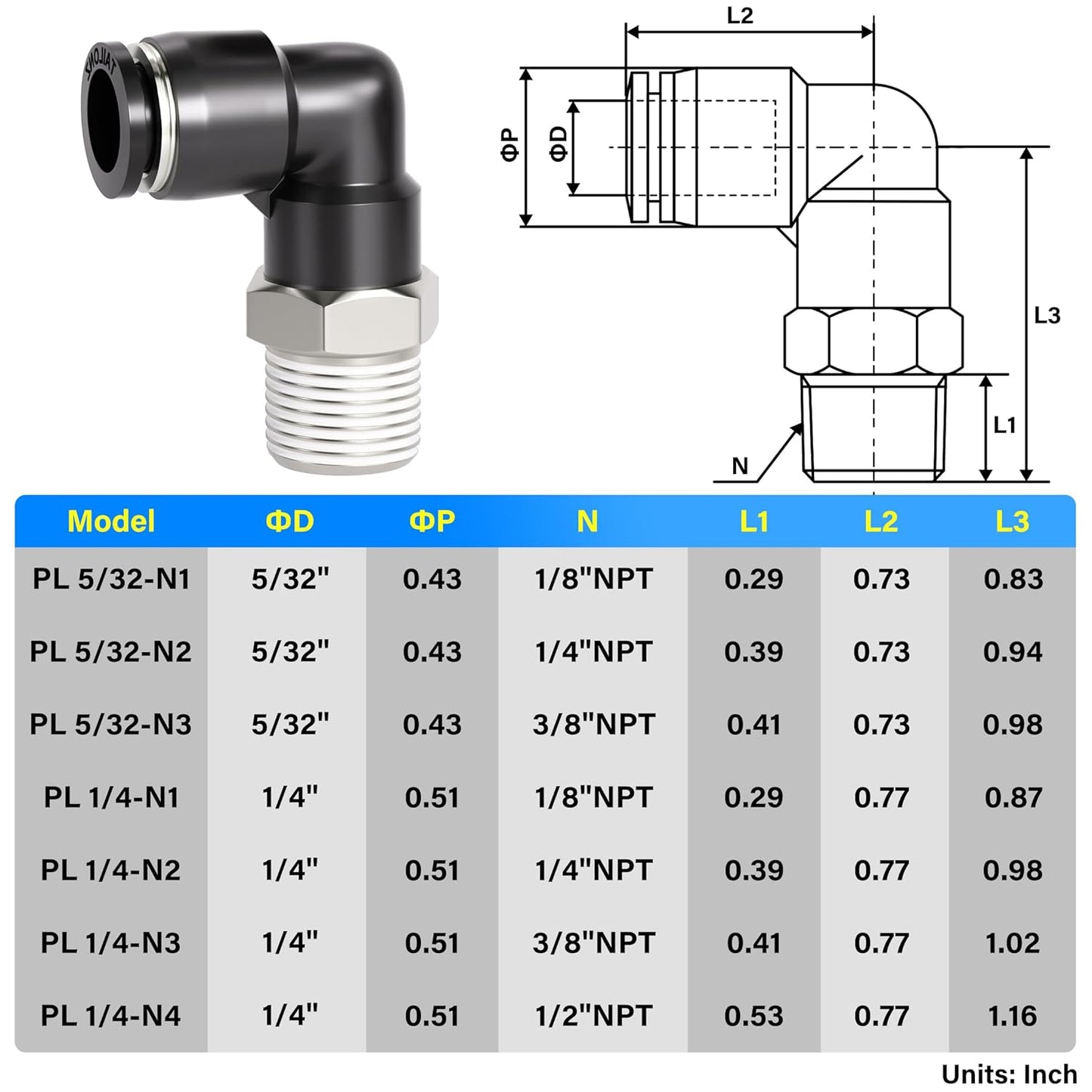 TAILONZ PNEUMATIC Elbow and Straight Combination 5/32 Inch Tube OD x 1/8 Inch NPT Thread Push to Connect Fittings PC-5/32-N1+PL-5/32-N1(Pack of 12)