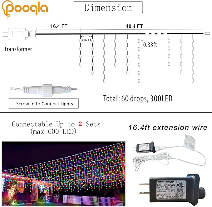 Pooqla Color Changing Icicle Lights with Remote, 35 Colors Christmas Icicle Lights, 300 LED 48FT RGB Waterproof Hanging String Lights for Roof Window Home Party Thanksgiving Christmas Outdoor Decor