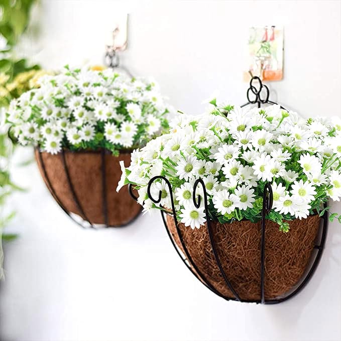 10pcs Outdoors Artificial Mum Flowers UV Resistant Daisy Fake Silk Chrysanthemum Greenery Faux Eucalyptus Plants for Spring Summer Garden Patio Window Box Planter Home Decor(White)