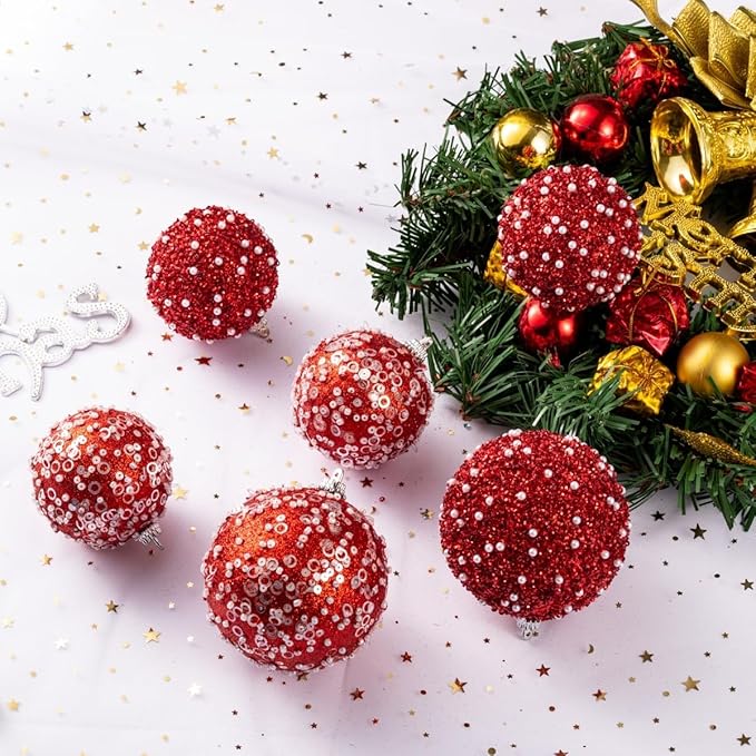 12CT Christmas Ball Ornaments, Red Christmas Ball Decorations Shatterproof Plastic Hanging Pearl Balls for Holiday Party(70mm/2.76")