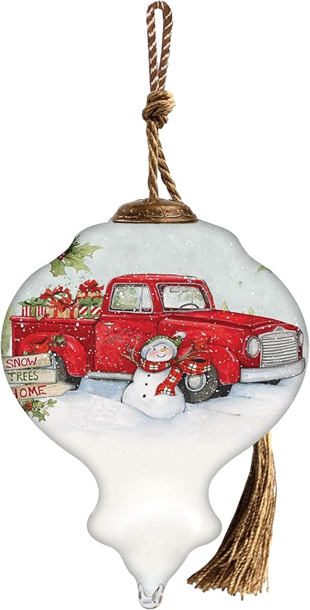 All Roads Lead Home Red Truck at Christmas – Hand-Painted Glass Vintage Red Truck Christmas Decor for Christmas Tree