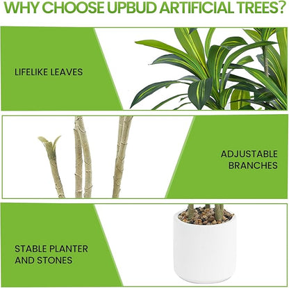 5FT Artificial Dracaena Tree, Faux Dracaena Plant with Stones in White Round Planter, Tall Fake Floor Plant for Indoor Home Office Living Room Decor