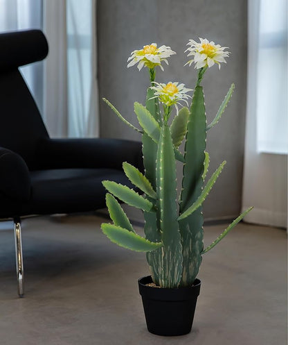 33 Inch Large Artificial Cactus with Lilly White Flowers in Pot with Natural Gravel. Satin Finish Leaves with Real Look and Feel. Outdoor and Indoor Faux Plants.