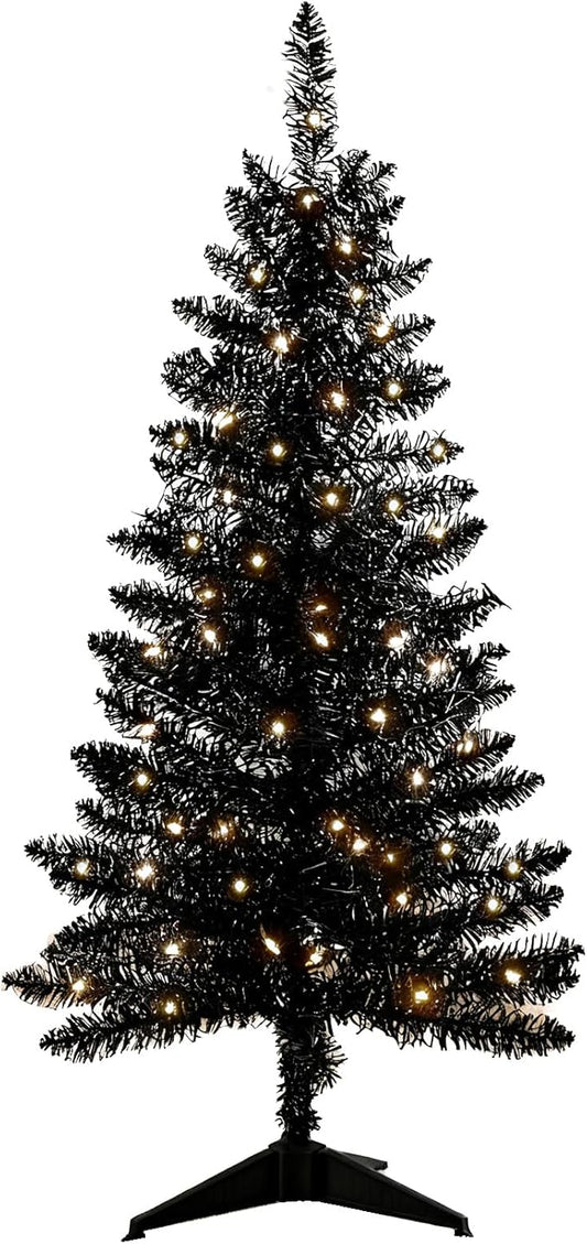 4ft Artificial Full Black Christmas Tree with Separate Lights, Not Pre-lit Mini Black Tinsel Pine Christmas Tree, 50 Lights, Small Xmas Tree for Home, Office, Party Decoration, Indoor