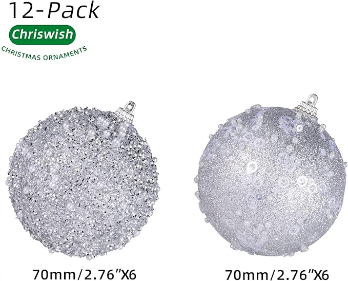 12CT Christmas Ball Ornaments, Silver Christmas Ball Decorations Shatterproof Plastic Hanging Pearl Balls for Holiday Party(70mm/2.76")