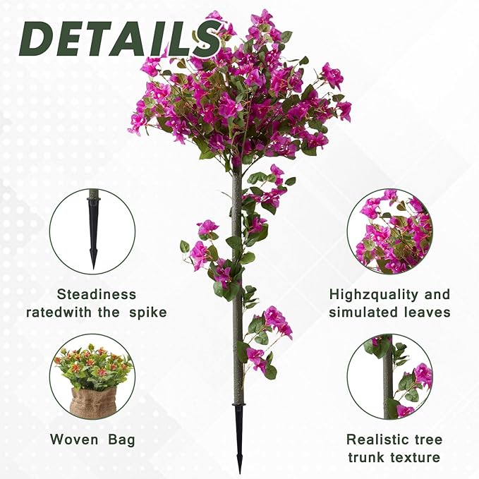 MGWILL 4FT Artificial Bougainvillea Tree, Set of 2 Faux Silk Floral Blooming Tree with Ground Spike, Decorative Topiary Plant, Fake Flowers Plants for Indoor Outdoor Porch Decor