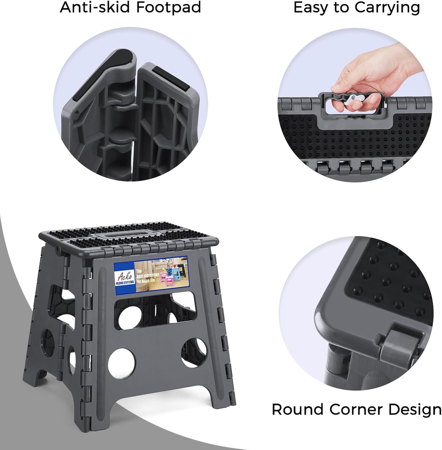 ACKO Folding Step Stool 13 inch Height Premium Heavy Duty Foldable Step Stools for Adults and Kids, Kitchen Plastic Small Collapsible Stepping Stool Hold Up to 300 LB Dot Grey (1 Pack)