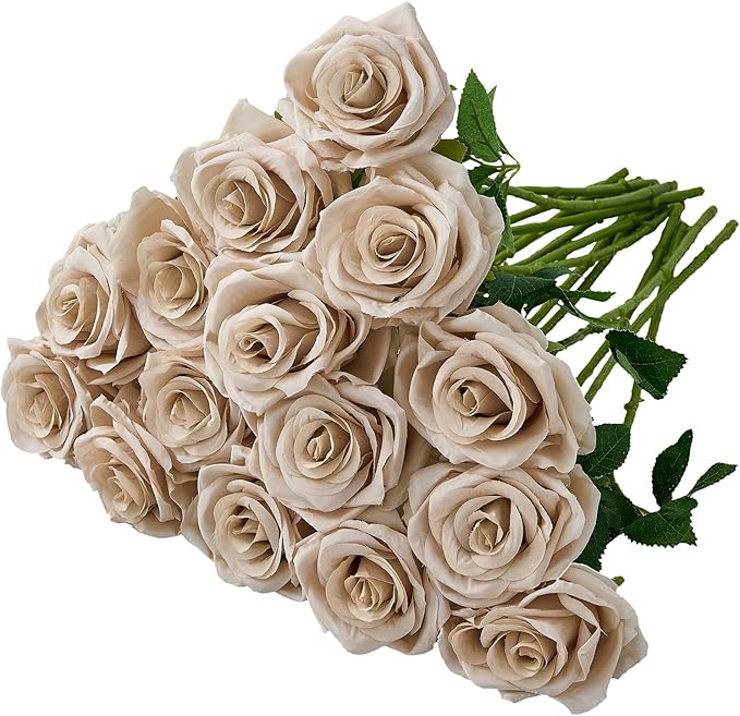15pcs Fake Roses Artificial Silk Flowers Nude Faux Rose Flower Long Stems Bouquet for Arrangement Wedding Centerpiece Party Home Kitchen Decor (VASE is NOT INVLUDED)