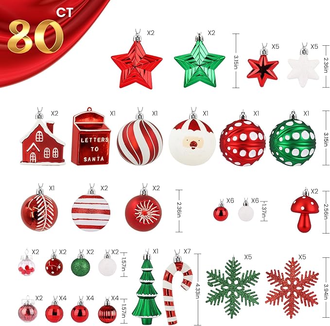 SHareconn 80ct Christmas Balls Ornaments Set, Shatterproof Plastic Colorful Xmas Decorative, Baubles for Tree Decorations with Hanging Strings, Red, Green & White