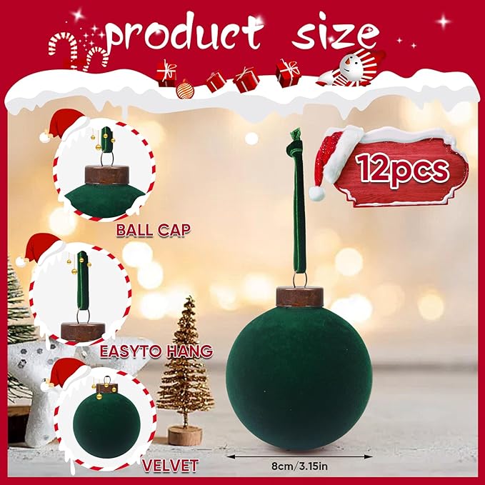 12 Pcs Velvet Christmas Balls Bulk Shatterproof Plastic Christmas Tree Decorations for Decorative Hanging Baubles (12, Blackish Green, 3.15Inch)