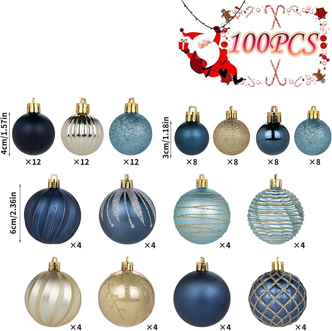 100PCS Blue and Gold Christmas Ornaments Set, Shatterproof Christmas Ball Ornaments Bulk, Assorted Decorations Baubles Hanging Ornaments for Christmas Trees Holiday Party Decor (Blue & Gold)