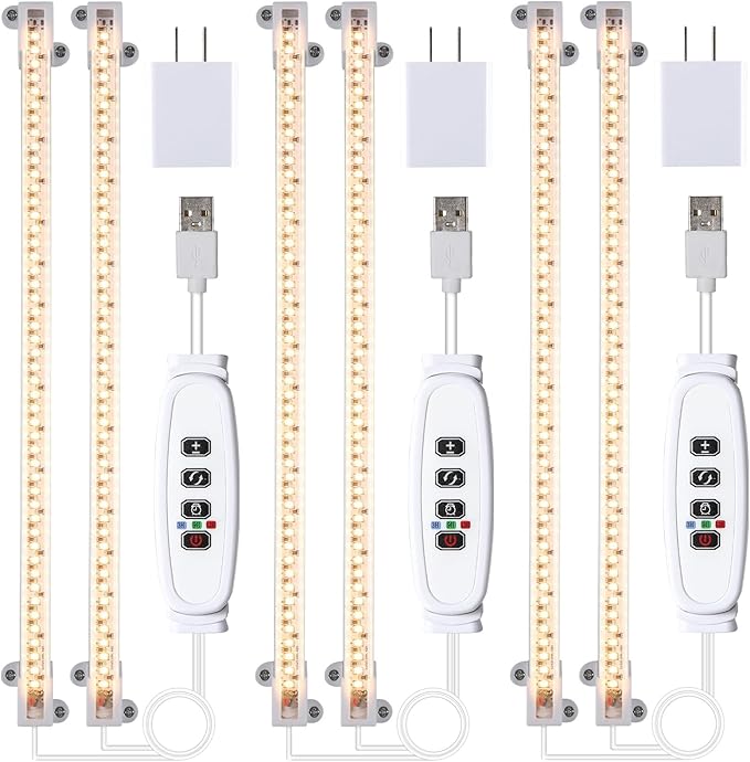 LED Grow Light Strips, Full Spectrum 3500K Plant Growing Lights for Indoor Plants, Plant Lamp for Hydroponics Succulent with 3/9/12H Timer, 10 Dimmable Levels, 3 Head 13 Inches (2 Strip 3 Pack)