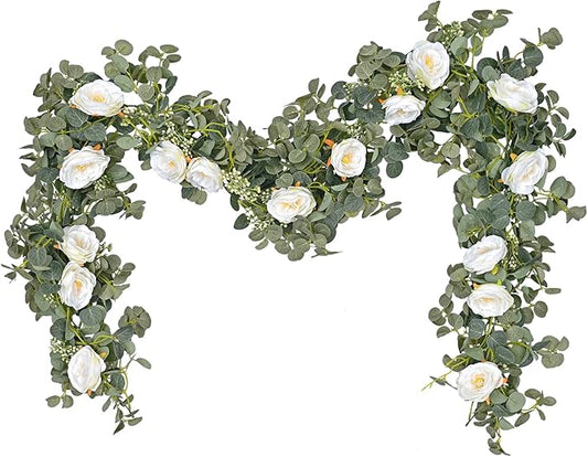 Dolicer 2 Packs 6.56Ft Eucalyptus Garland with Flowers - 8 White Roses, Artificial Flower Fake Rose Vine Faux Greenery for Wedding Backdrop Arch Table Wall Party Home Decor, Grey Green