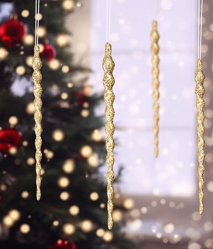 AMS Sparkling Glitter Plastic Icicle Ornaments 30 PCS Twisted Icicles Decoration Christmas Tree and Holiday Xmas Party Hanging (5.1'', Gold)