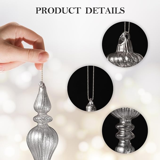 DN DECONATION Mercury Glass Finial Christmas Ornaments, Large Hanging Teardrop Ornament, Shiny Ball Ornaments for Xmas Tree, Winter Wedding, Party, Holiday Home (4-Pieces, Silver)