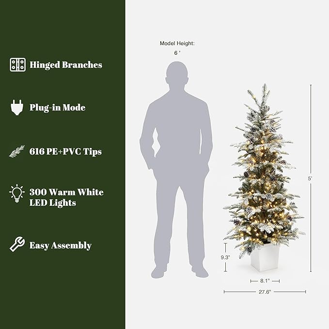 LuxenHome 5FT Small Potted Christmas Tree, Flocked Christmas Tree with Pot, Prelit Artificial Xmas Trees with 300 LED Lights and Pine Cone, Lighted Pine Trees for Indoor, Outdoor Holiday Display