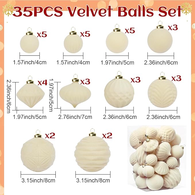 Velvet Ball Ornaments Christmas Balls Cream-Beige 35 PCS Xmas Tree Flocked Ball Ornaments Assortment for Party Garland Wreath Decor Baby Shower First Christmas Decorations