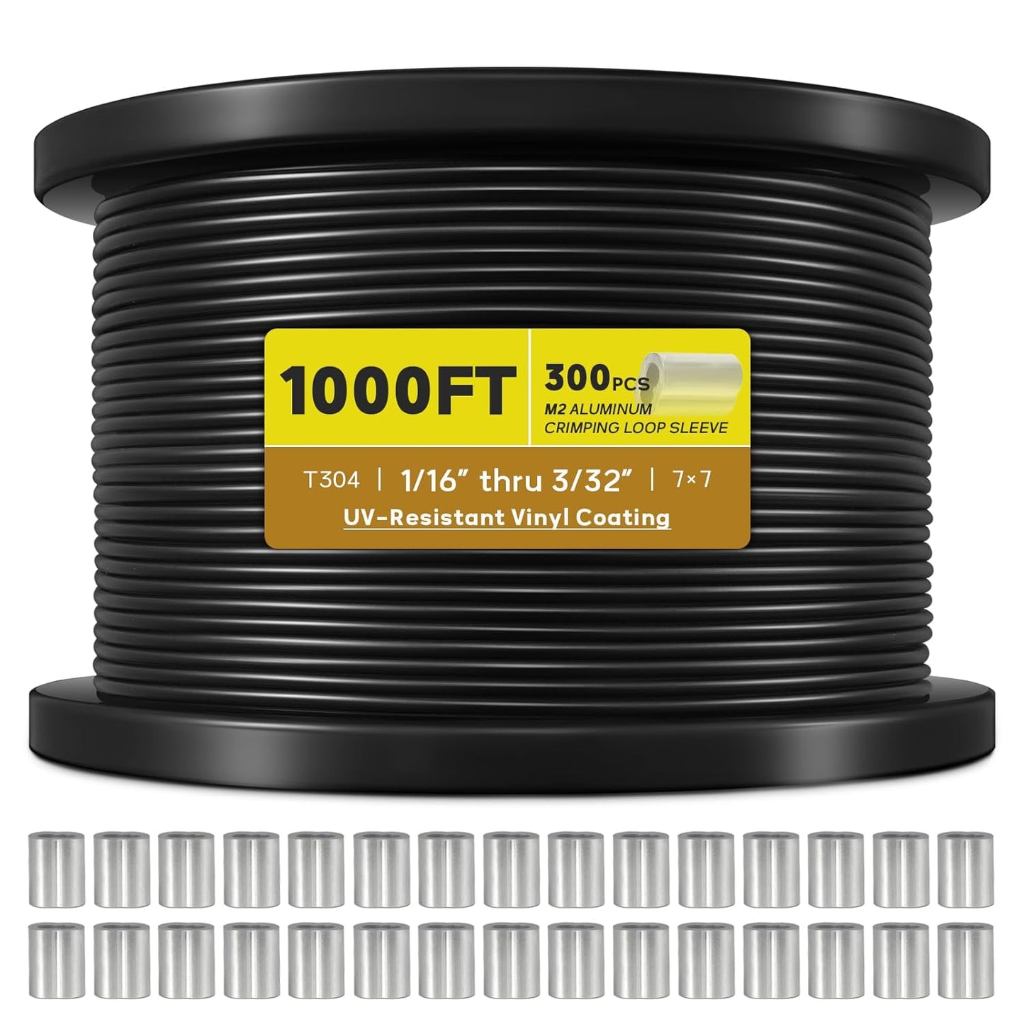Vinyl Coated Wire Rope 1/16 Inch Overmolded to 3/32 Inch, 1000FT 304 Stainless Steel Cable with 300 Pcs Crimping Sleeves for String Light Hanging Kit, Clotheslines and Trellis Wire