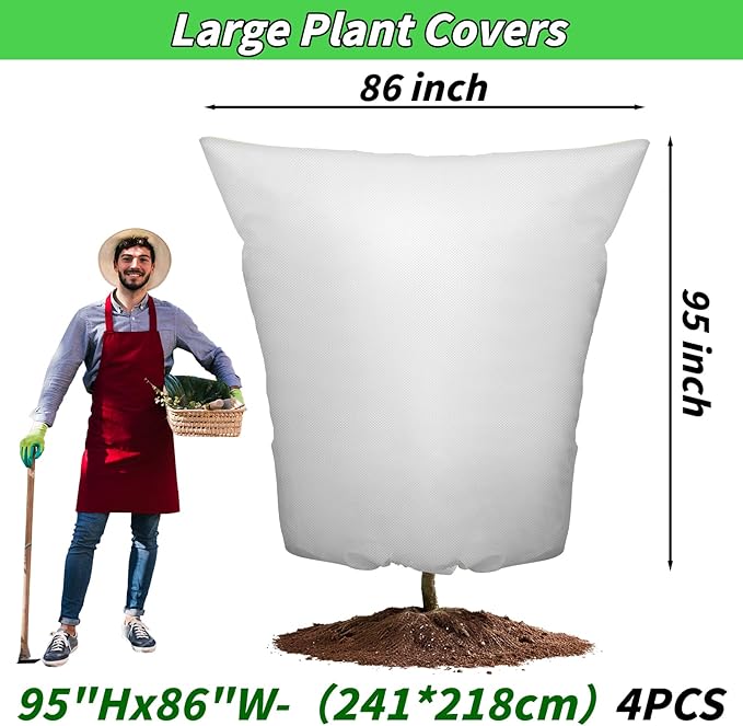 4PCS Large Plant Covers Freeze Protection 2.82oz Reusable Winter Frost Cloth Plant Protection Jacket Cover Bags Frost Blankets for Shrub Trees Outdoor Plants Fruit Tree Potted, 86"W x 95"H