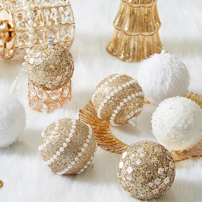 Champagne Gold Christmas Ball Ornaments, Christmas Ball Decorations Shatterproof Plastic Hanging Pearl Balls for Holiday Party(70mm/2.76", 12ct)