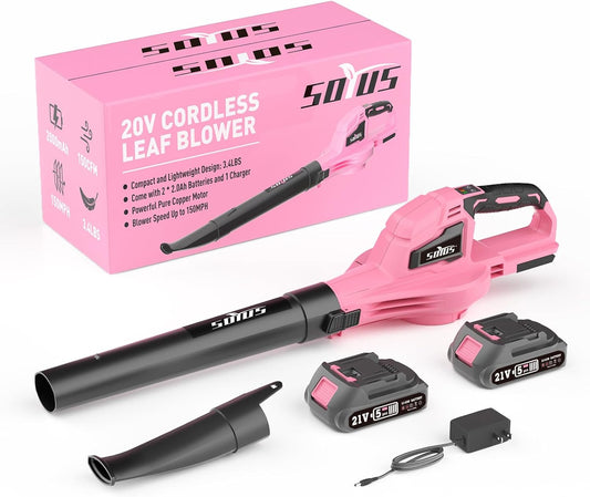 SOYUS Leaf Blower, 20V Leaf Blower Cordless with 2x2.0Ah Battery and Charger, 150 MPH Electric Leaf Blowers with Two-Speed Mode, Blowers for Lawn Care, Debris Dust Cleaning（Pink）
