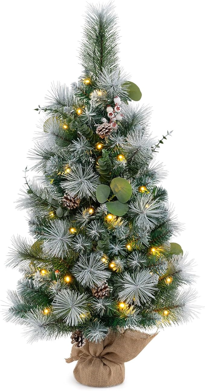 Goplus 3ft Pre-Lit Mini Tabletop Christmas Tree, Artificial Small Battery Operated Xmas Tree with 30 Warm White LED Lights, Timer, 98 Flocked PVC & Pine Needles, for Home Office Decoration