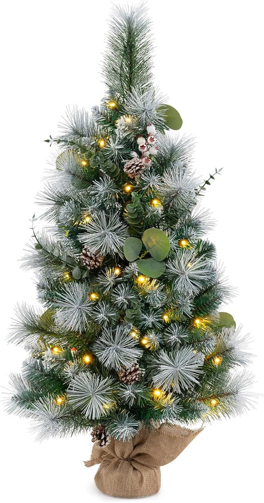 Goplus 3ft Pre-Lit Mini Tabletop Christmas Tree, Artificial Small Battery Operated Xmas Tree with 30 Warm White LED Lights, Timer, 98 Flocked PVC & Pine Needles, for Home Office Decoration