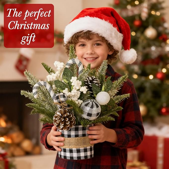 Small Christmas Tree for Tabletop, Artificial Mini Christmas Tree Decorations with White Berry Pine Cone Pine Picks, Xmas Ornaments Indoor Home Holiday Decor (Black)