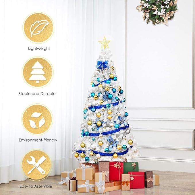 Happygrill 5FT White Christmas Tree Artificial Xmas Tree with Solid Metal Stand White Xmas Pine Tree for Indoor Outdoor Decoration
