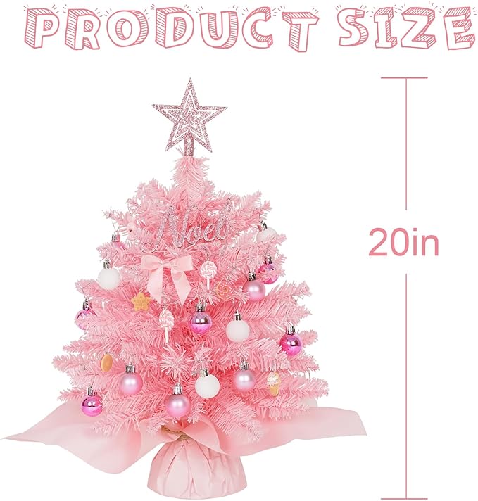 Wangchao Craft 20" Mini Pink Christmas Tree Table Top Artificial Xmas Tree Small Christmas Tree with Lights, Star Treetop and Balls, Tabletop for Girls Rooms
