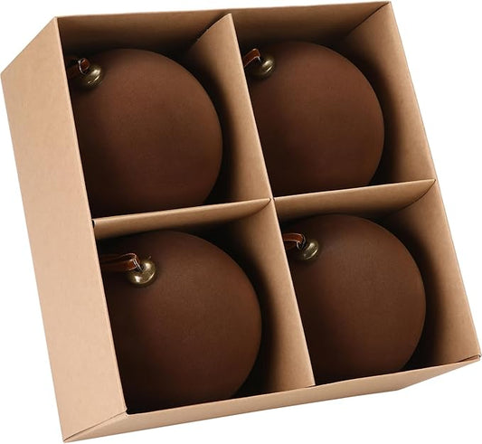 Sea Team 4-Pack Large Flocked Velvet Christmas Tree Ball Ornaments Set, Hanging Velour Baubles, Shatterproof Plastic Decorations for Xmas Tree, Wreath, Garland, 150mm/5.91 Inches, Brown