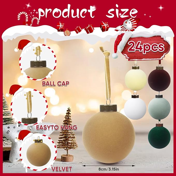 24 Pcs Velvet Christmas Balls Bulk Shatterproof Plastic Christmas Tree Decorations for Decorative Hanging Baubles (24, Coffee、White、Haze Blue、Beige、Blackish Green、Khaki, 3.15Inch)