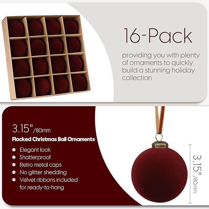 Sea Team 16-Pack Flocked Velvet Christmas Tree Ball Ornaments Set, Hanging Velour Baubles, Shatterproof Plastic Decorations for Xmas Tree, Wreath, Garland, 80mm/3.15 Inches, Burgundy
