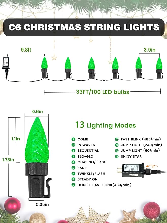 2 Pack C6 Christmas Lights Outdoor Indoor, Total 200 LED 66 FT Connectable Christmas String Lights with Timer & 13 Modes, Waterproof Twinkle Light for Xmas Tree Yards Party Wedding Decorations (Green)