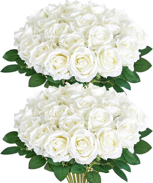 Serwalin 30PCS Artificial White Roses, Fake Silk Roses with Long Stems, Realistic Roses Flowers for Wedding Centerpieces Bridal Bouquet Party Home Office Decor