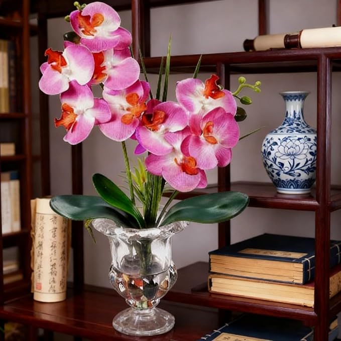 Jusdreen Artificial Purple Orchid Centerpiece, 14.5 Inch Phalaenopsis in Glass Vase with Potting for Home Office Table Decor, Realistic Orchid Arrangement